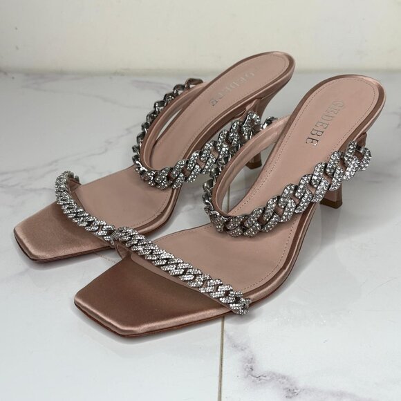 Gedebe Beige Satin LILY Crystal Embellished Chain Kitten Heel Mules Sandals 37.5 - Picture 5 of 9
